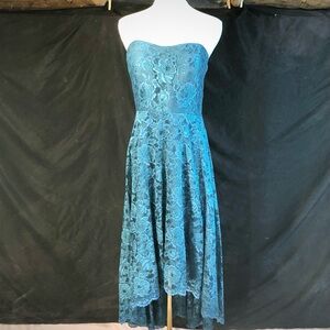 Vintage 90’s Hi-Low Hem Dark Teal Lace Strapless Dress Size Medium Large